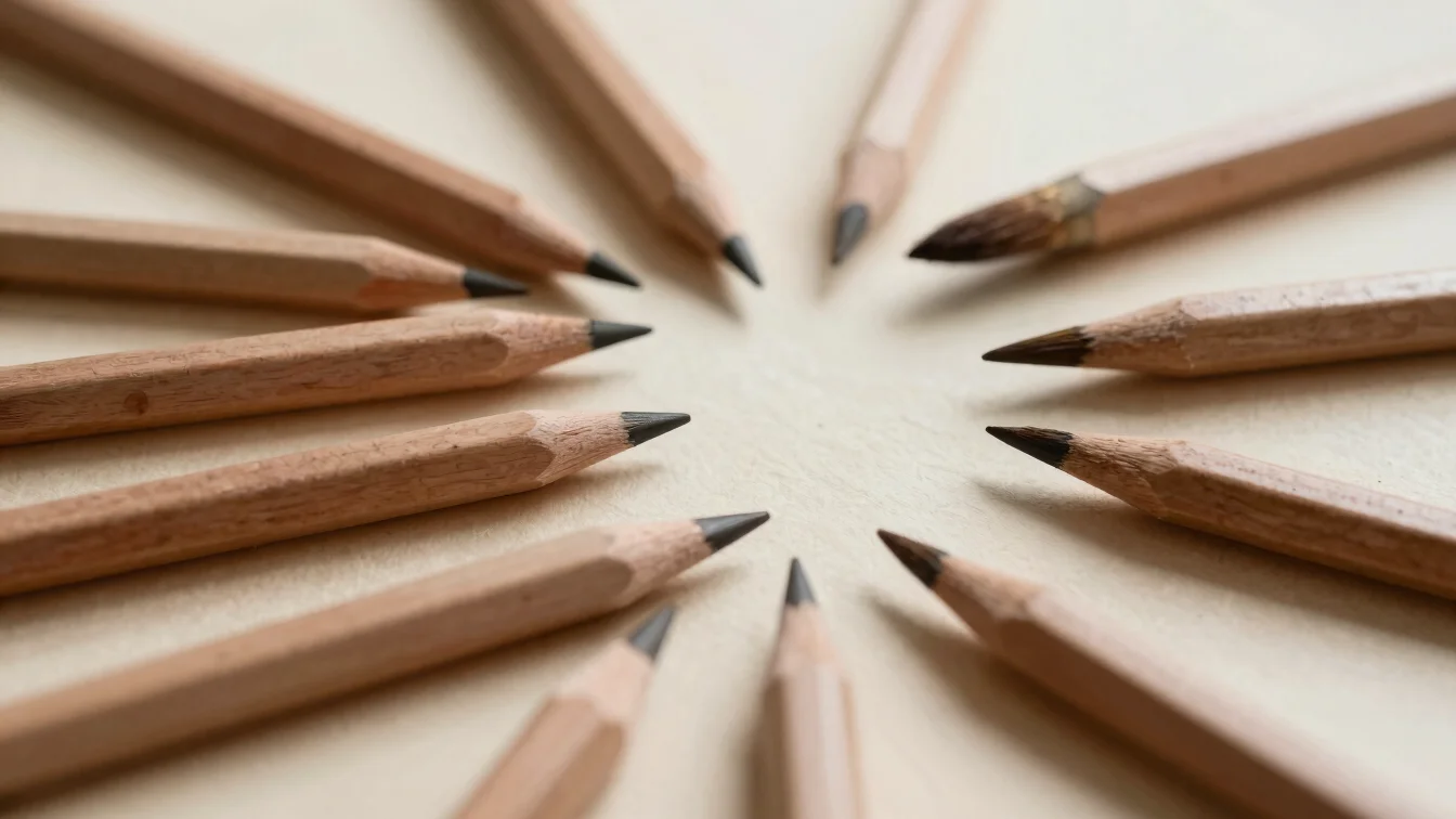 Close-up of a selection of artist's pencils and brushes on a text