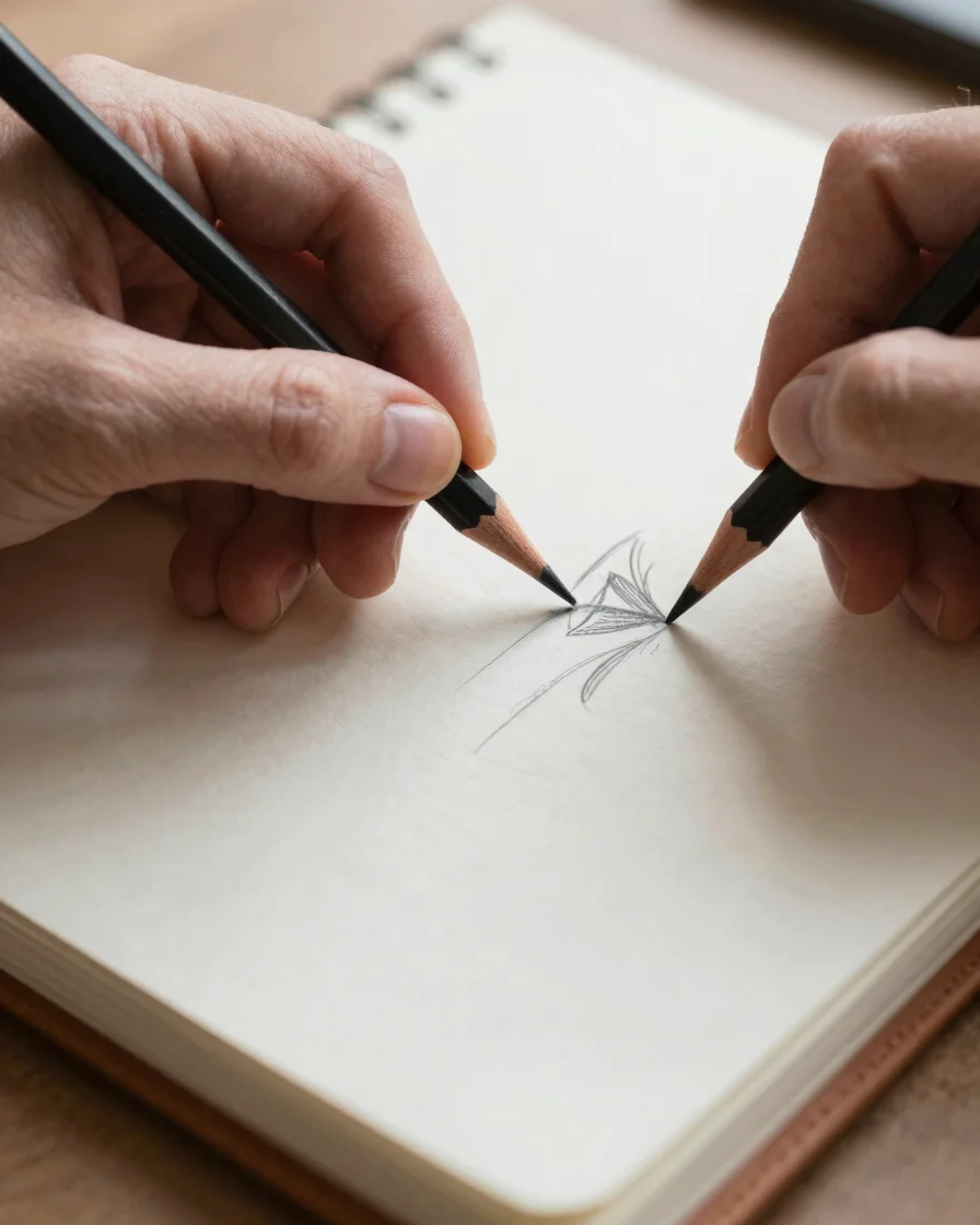 Close-up of hands sketching in a leather-bound sketchbook with a charcoal pencil, soft north-facing daylight casting gen