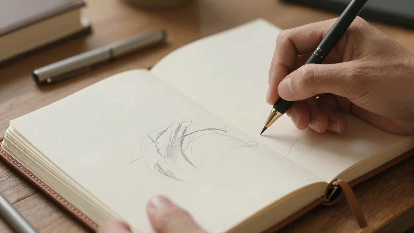 Hands sketching in a leather-bound sketchbook, soft north-facing